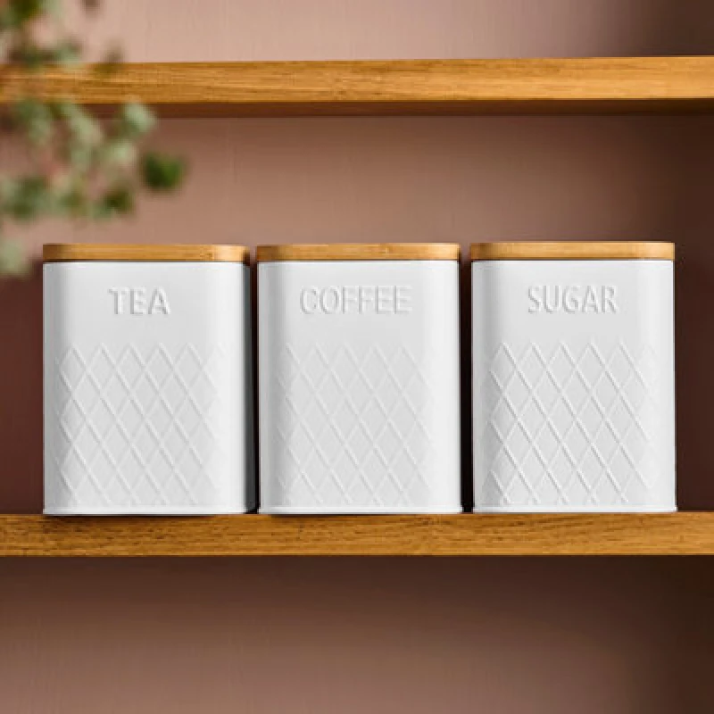 Image of Cooks Professional 3 Piece Tea, Coffee & Sugar Square Cannister Jar Bin Set With Bamboo Lids & Diamond Pattern - White