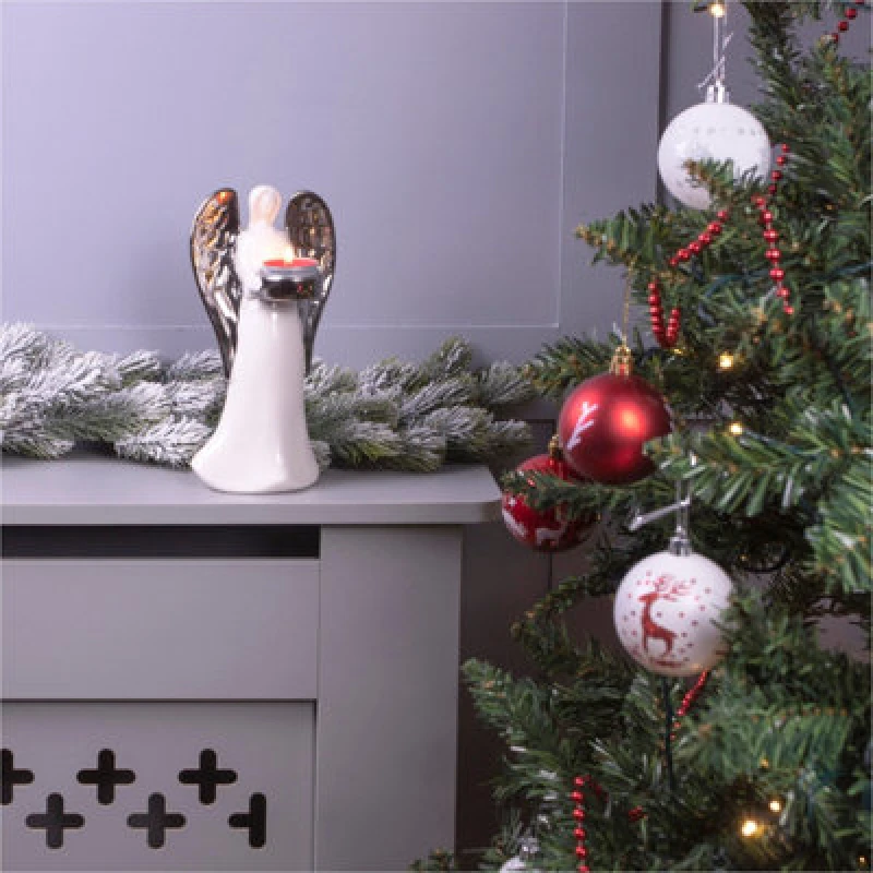 Image of Netagon Netagon Ceramic Christmas Festive Winged Angel Tealight Holder Ornament- Silver White