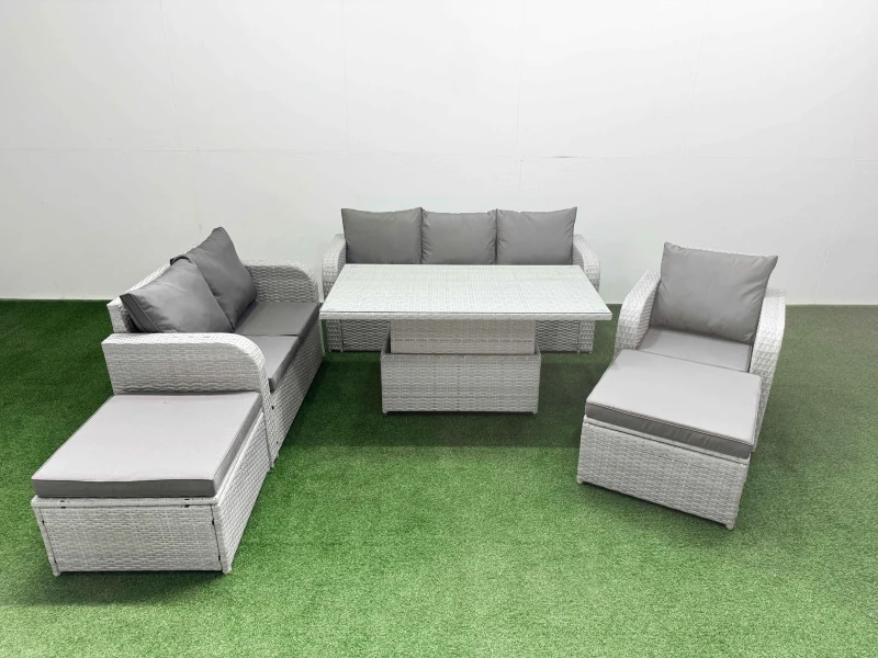 Image of Fimous Patio PE Wicker 8 Seater Outdoor Rattan Furniture Sofa Sets with Adjustable Lifting Dining or Coffee Table2 Big Footstools Light Grey