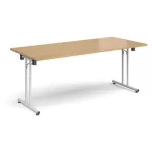 Image of Rectangular folding leg table with white legs and straight foot rails 1800mm x 800mm - oak