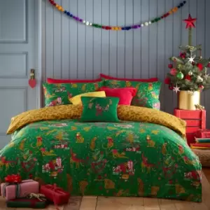 Image of furn. Purrfect Xmas Green & Gold Duvet Cover and Pillowcase Set Green