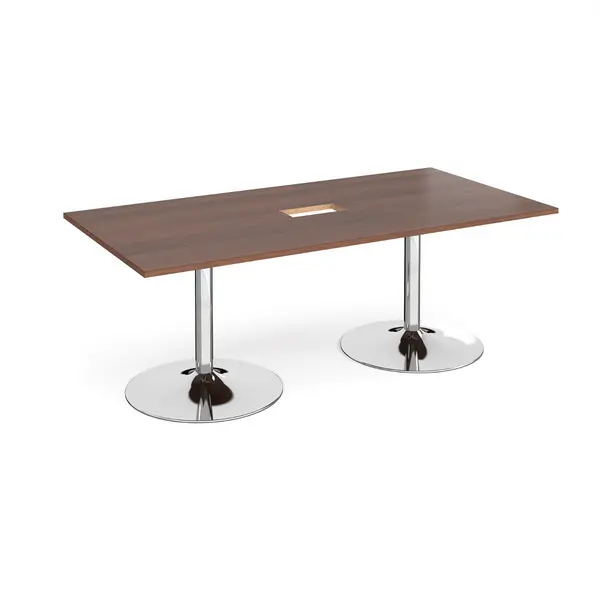 Image of Trumpet Base Rectangular Office Boardroom Table with Power Module Cut Out - Walnut - Chrome Base - W2000mm
