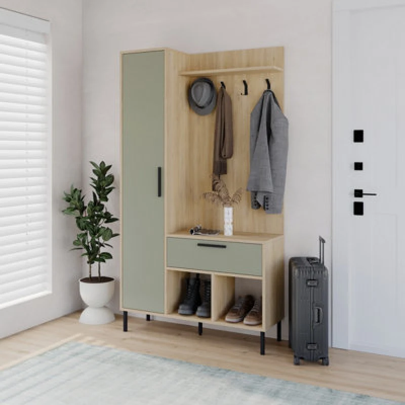 Image of Decortie Hall Tree 108X195.3Cm 1-Drawer And 1-Door Storage Cabinet, 4 Metal Coat Hooks Sturdy Metal Legs, Hallway Oak, Ash Green