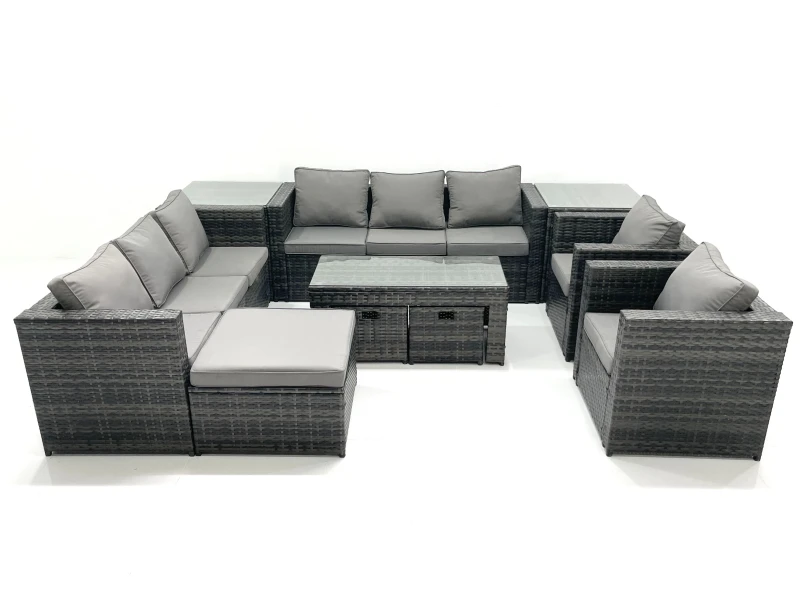 Image of Fimous Rattan Garden Furniture Sofa Set with Coffee table Armchair 2 Side Tables 3 Footstools Dark Grey Mixed Dark Grey