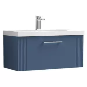 Image of Deco Satin Blue 800mm Wall Hung Single Drawer Vanity Unit with 40mm Profile Basin - DPF396A - Satin Blue - Nuie