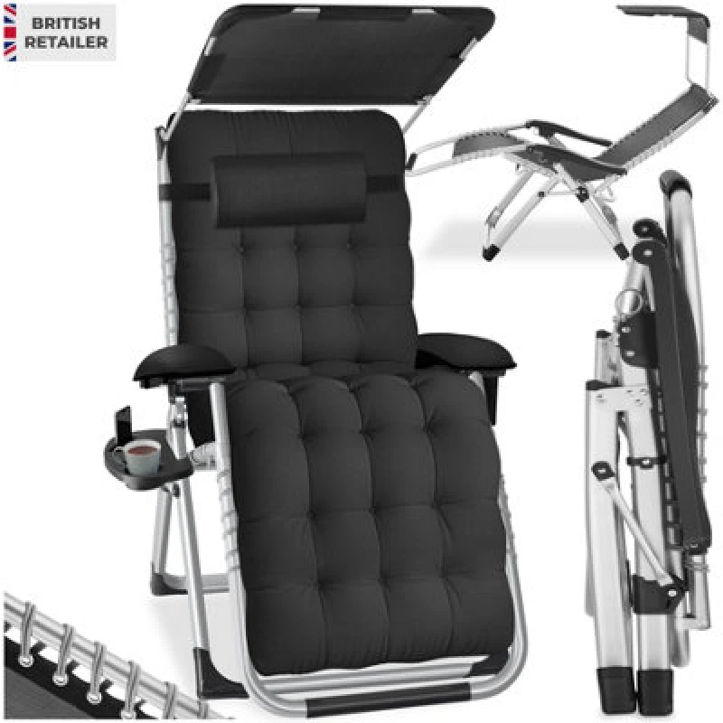 Image of Tectake Sun Lounger Cirrus With Plush Padding, Built-In Sun Shade And Folding Function - Black - Per Piece