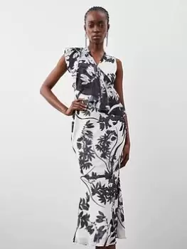 Image of Karen Millen Floral Georgette Ruffle Front Midi Dress - Mono, Multi, Size 12, Women