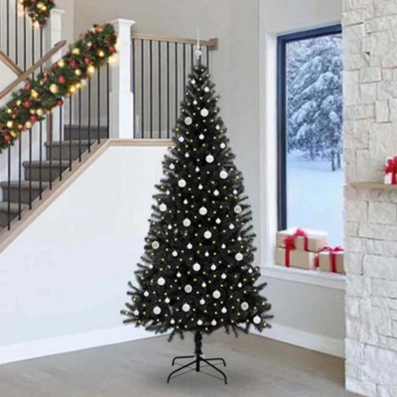 Image of vidaXL Christmas Tree with 300 LEDs, White Balls with Stand Black 240cm PVC, Black 3396499