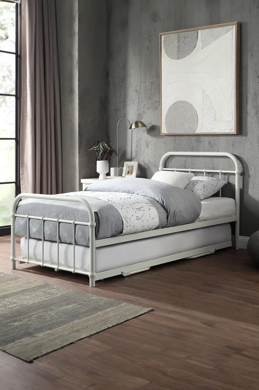 Image of SlumberWorx Tewin Vintage Hospital Style Single Metal Bed Frame w Guest Trundle White