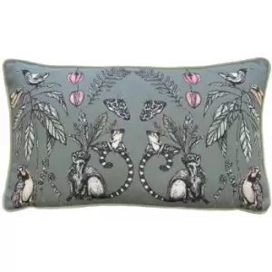 Image of Wylder - Tropics Wild Mirrored Creatures Print Velvet Piped Edge Cushion Cover, Sage, 30 x 50 Cm