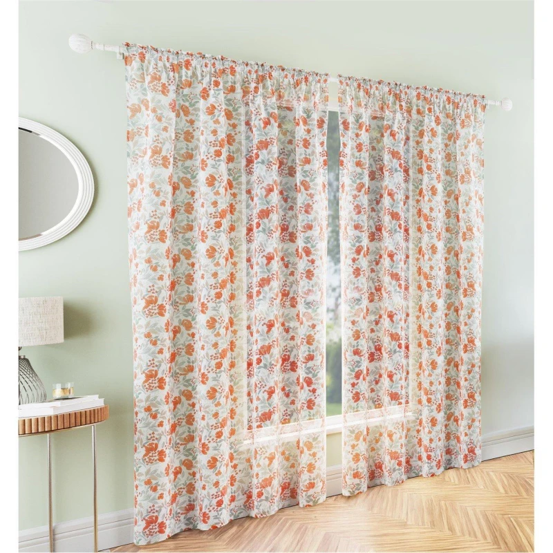 Image of Tyrone Textiles Mia Floral Print Sheer Voile Panels - Pair Burnt Orange unisex 140x183cm