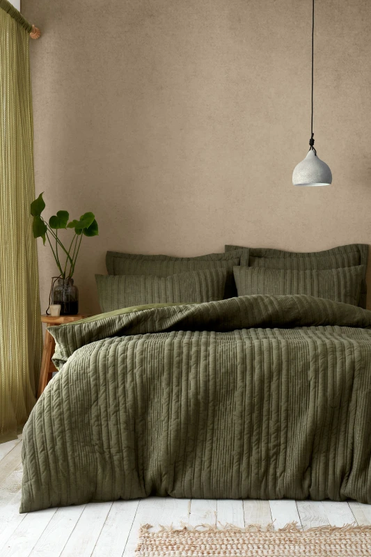 Image of Pineapple Elephant Tamba Jersey Stripe Eco Duvet Cover Bedding Set Olive Green