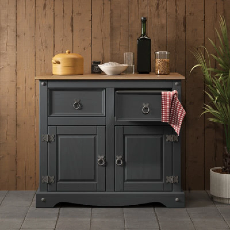 Image of Mercers Furniture Corona Charcoal 2 Door 2 Drawer Sideboard Solid Pine With Mexican Styling, Grey CHARC90