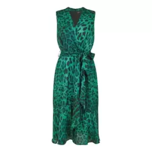 Image of Mela London Green Animal Print Satin Wrap Midi Dress - Green