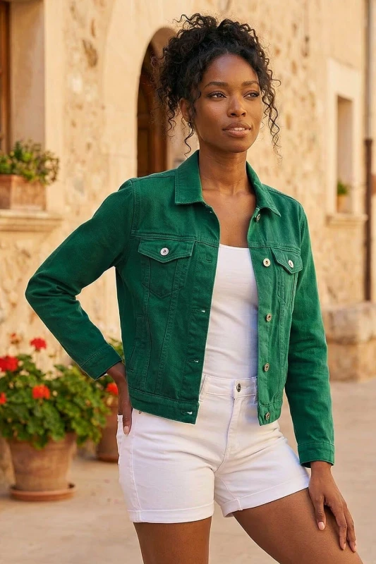 Image of Roman Womens Classic Cotton Denim Jacket in Green Size: 16 Green Female 16