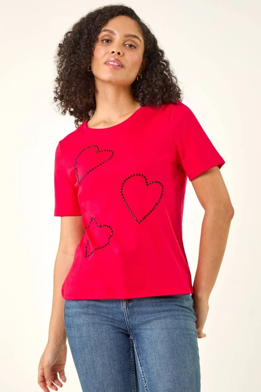 Image of Roman Womens Embellished Heart T-Shirt in Red Size: 20 Red Female 20