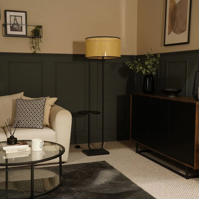 Image of ValueLights Tavel Brushed Matt Black Floor Lamp Light with Velvet Shade Natural