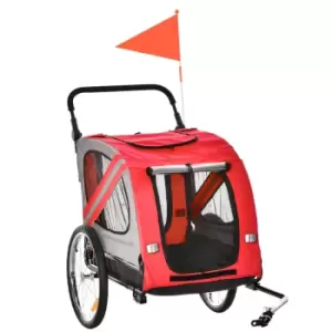 Image of Pawhut 2-in-1 Dog Bike Trailer Stroller With Universal Wheel Reflector Flag Red