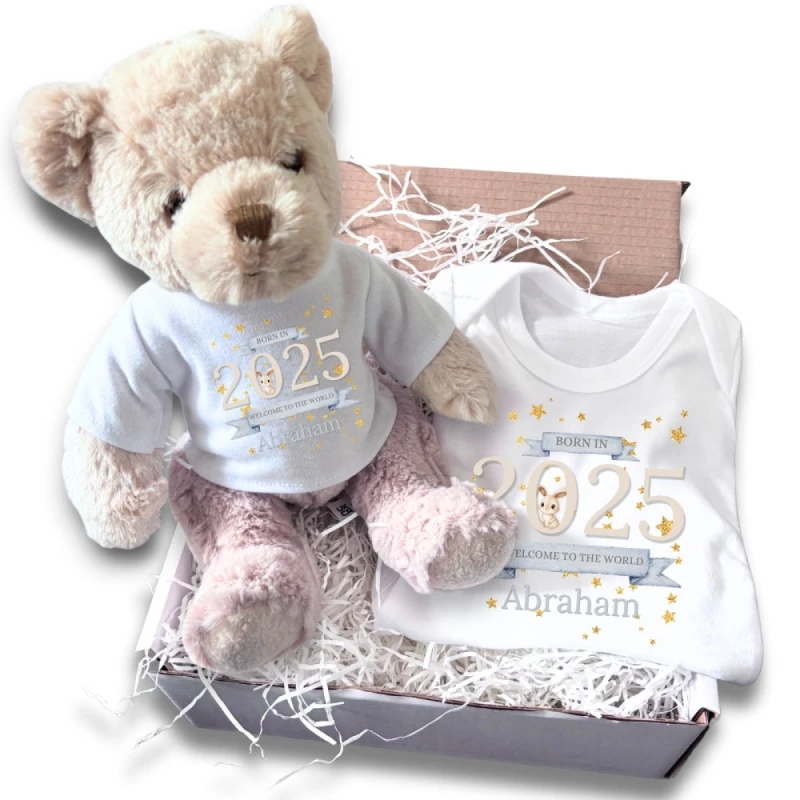 Image of Aye Do Gifts Personalised Welcome to the World 2025 Gift Hamper - Teddy & Baby Vest - 0-3 MONTHS