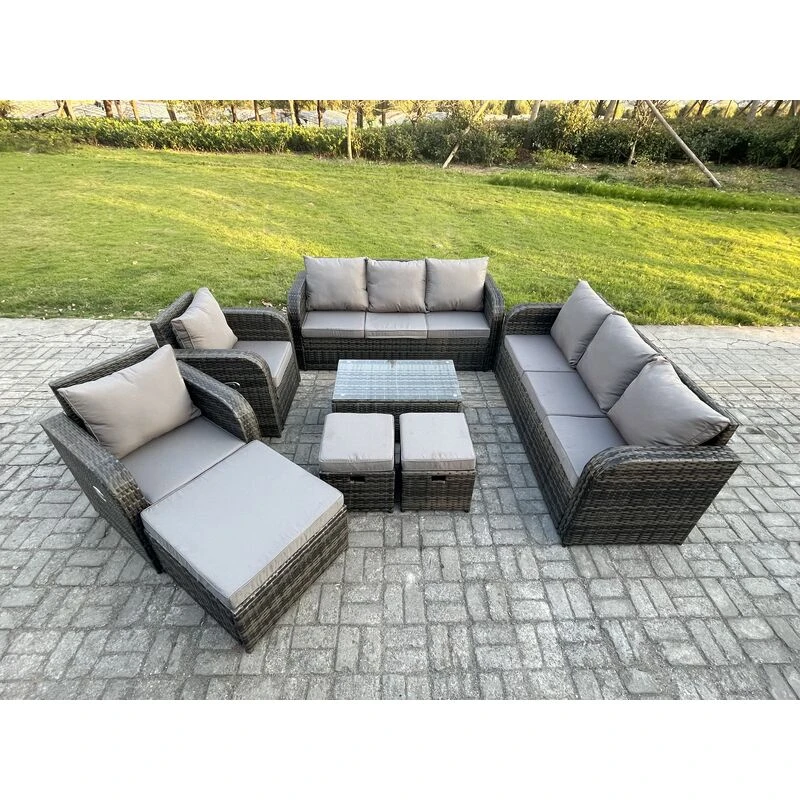 Image of Fimous Rattan Outdoor Garden Furniture Sofa Set Patio Table & Chairs Set with Reclining Chair 3 Footstools 3 Seater Sofa Dark Grey Mixed Dark Grey