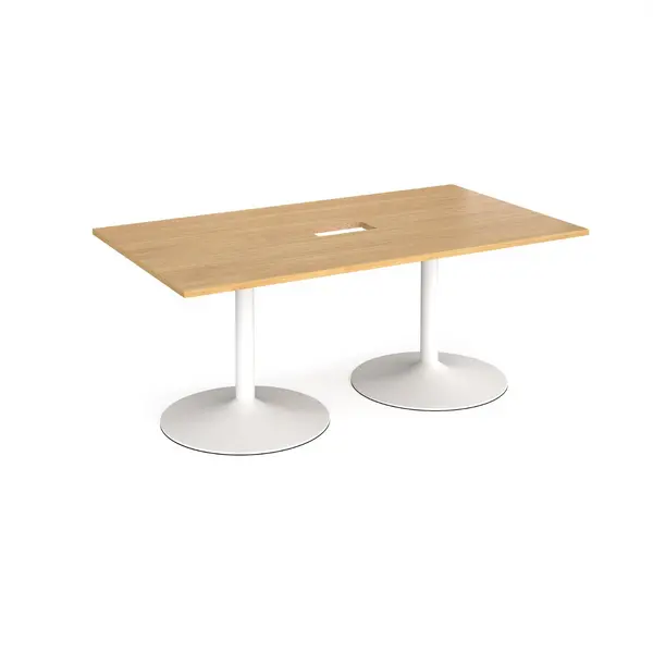 Image of White Trumpet Base Rectangular Boardroom Table with Power Module Cut Out 1800mm - Oak