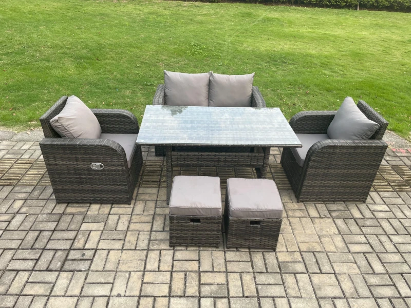 Image of Fimous Rattan Garden Furniture 6 Piece Grey Patio Furniture Set Patio Conservatory 6 Seater Set Outdoor Rectangular Table & Chairs in Dark Grey Dark G