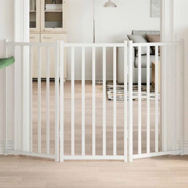 Image of vidaXL Dog Gate Foldable 3 Panels White 150cm Solid Wood Fir, White 352278