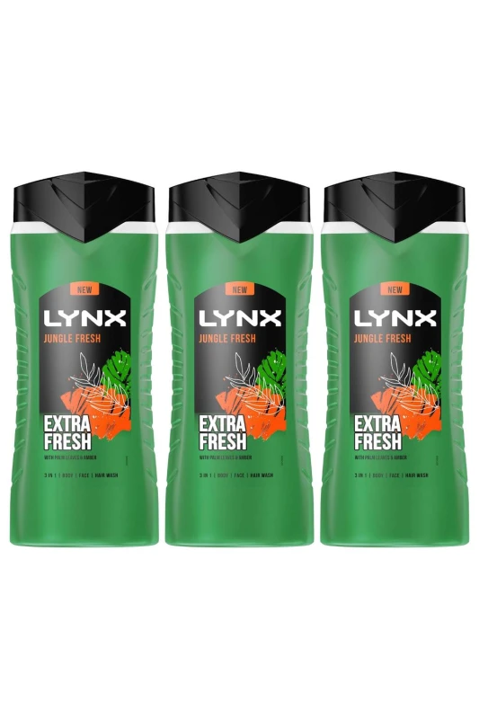 Image of Lynx 3in1 Body, Face & Hair Wash 'Shower Gel' 500ml 3pk Green male