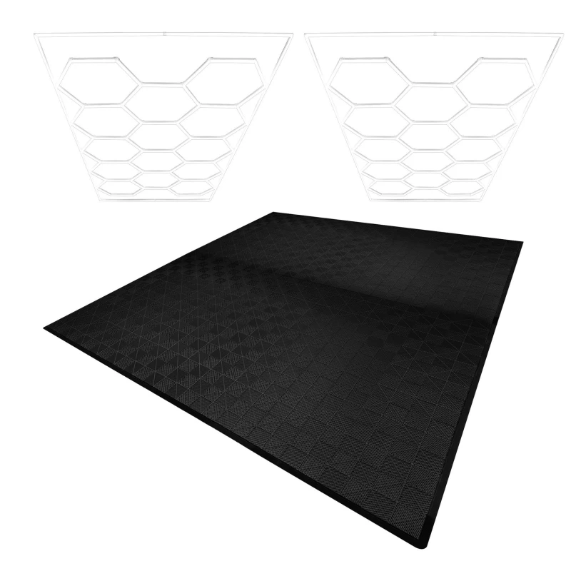 Image of Monstershop Hexagon LED Lights x 2 & Vented Garage Floor Tiles x 225 With Edges - Black Black