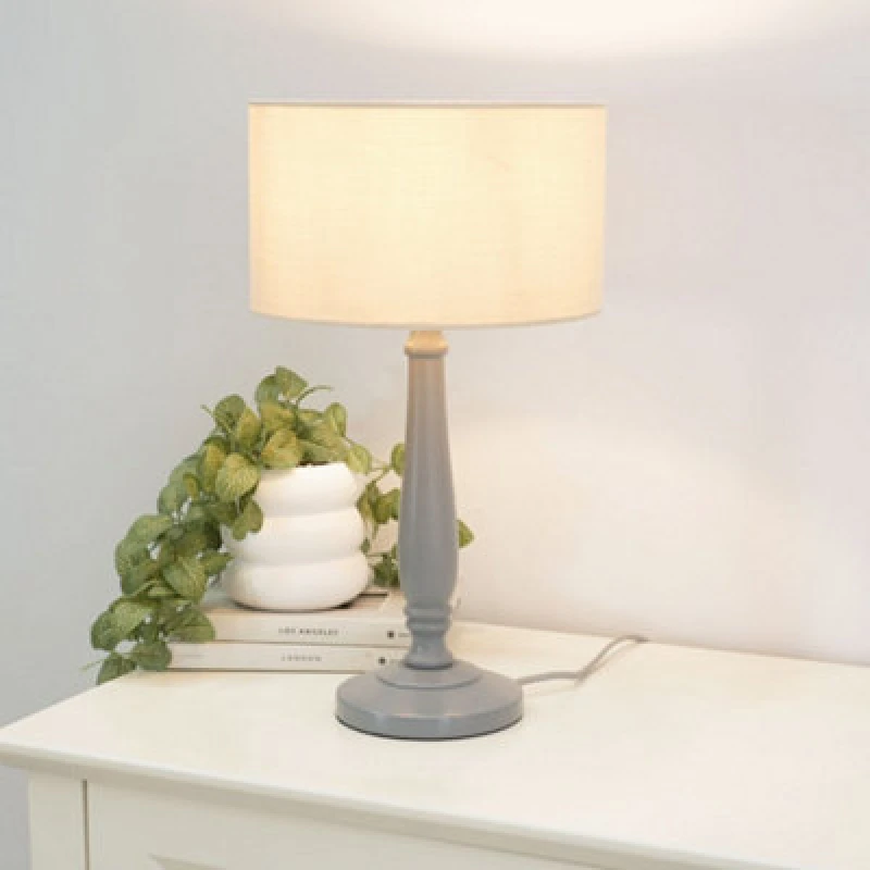 Image of ValueLights Victoria Grey Wood Traditional Table Lamp with Fabric Drum Shade Natural