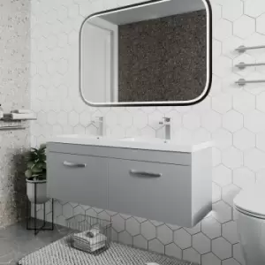 Image of Nuie - Athena Wall Hung 2-Drawer Vanity Unit with Double Ceramic Basin 1200mm Wide - Gloss Grey Mist