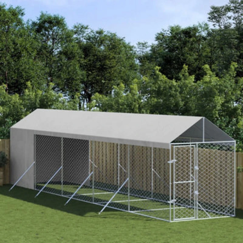 Image of Vidaxl Outdoor Dog Kennel With Roof Silver 2X10X2.5 M Galvanised Steel