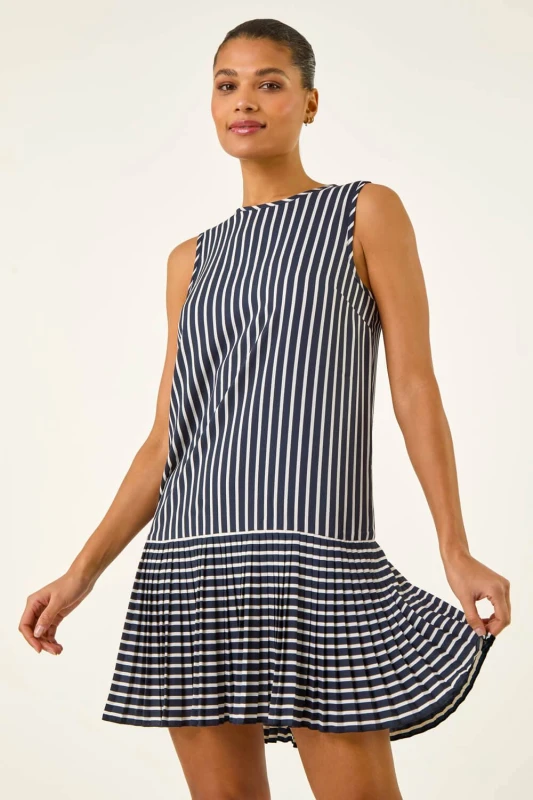 Image of Roman Womens Stripe Print Pleated A-Line Dress in Navy Size: 20 Navy Female 20