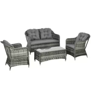 Image of Outsunny 4 Pieces PE Rattan Wicker Sofa Set Outdoor Conservatory Furniture Lawn Patio Coffee Table w/ Cushion - Grey