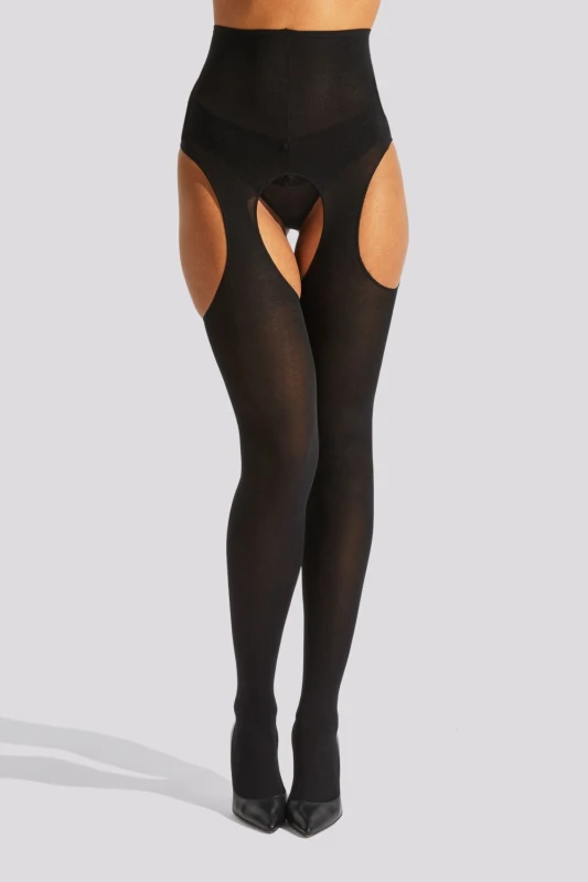 Image of Ann Summers Womens High Waisted Crotchless Glossy Tights Black Size: Small Black Female S