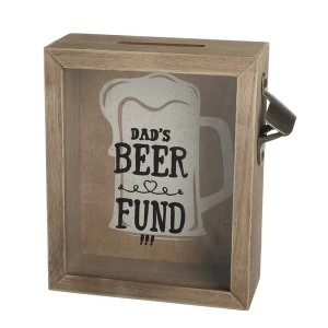 Image of Wooden Money Box with Bottle Opener Dads Beer Fund
