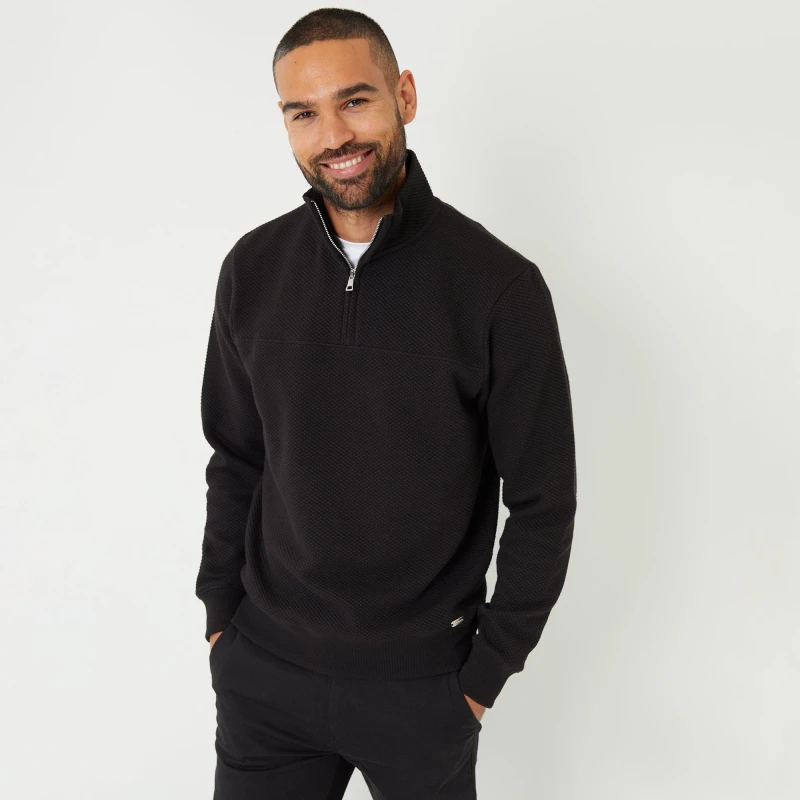Image of Threadbare Textured Quarter Zip Sweatshirt - Black M