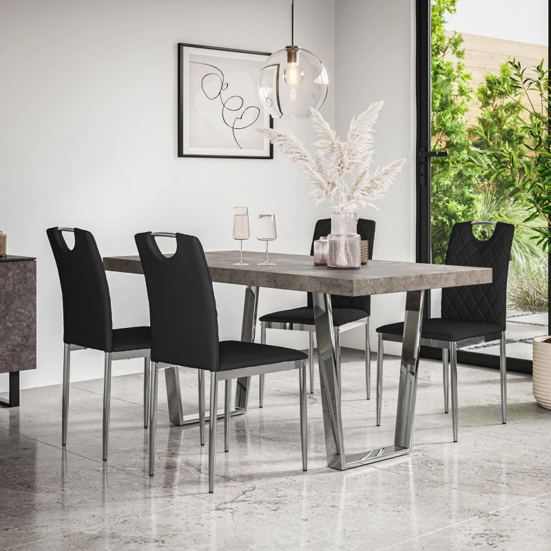 Image of More4Homes Aria Dining Table And Chairs - Concrete Effect Table Top W Chrome Legs + 4 Monza Faux Leather Dining Chairs W Chrome Legs (Black)
