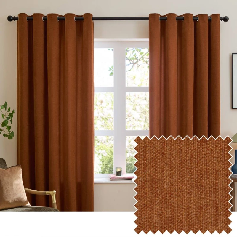 Image of Furn Soft Chenille Blackout Eyelet Curtain Pair in Burnt Orange Size: 117cm width x 137cm drop Burnt Orange Unisex 117cm width x 137cm drop