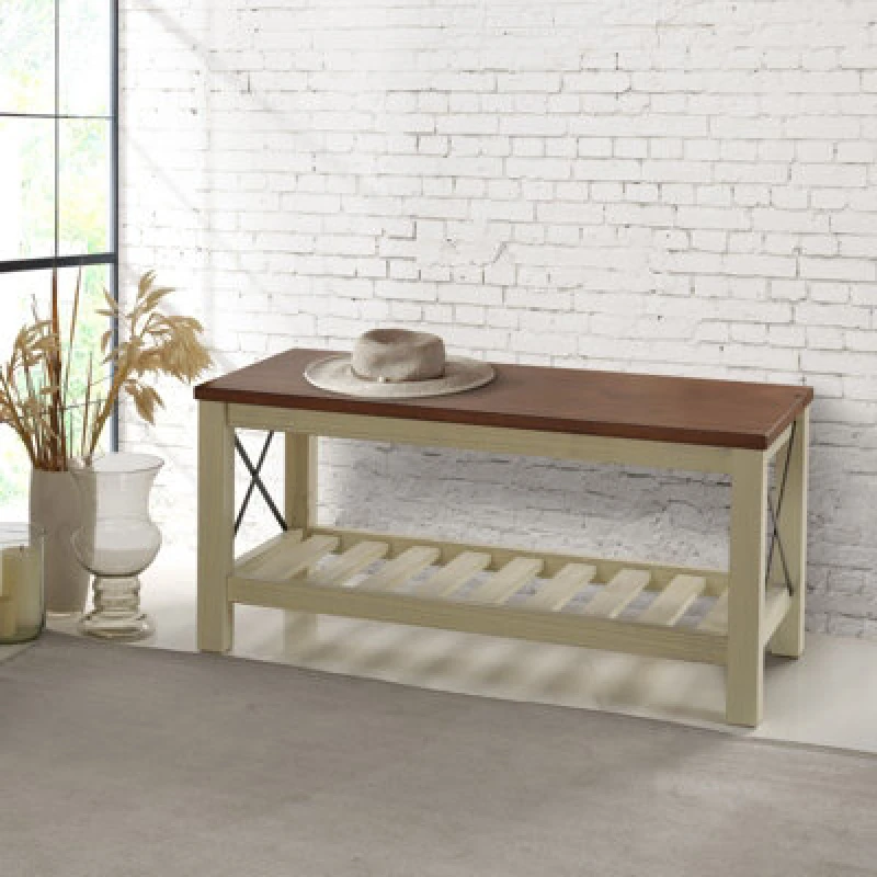 Image of Mercers Furniture Cottage White/cream Painted Pine Bench Wooden With Slatted Storage Shelf 59H X 107W X 42D Cm