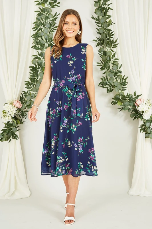 Image of Yumi Womens Navy Floral Print Midi Skater Dress Size: 8 Navy Female 8