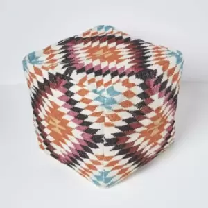Image of Homescapes - Manila Orange and Pink Kilim Footstool Handwoven Beanbag Pouffe 43 x 43cm - Pink & Orange