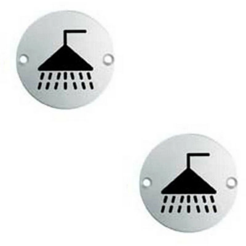 Image of Loops 2x Bathroom Door Shower Symbol Sign 64mm Fixing Centres 76mm Dia Satin Steel Metallics