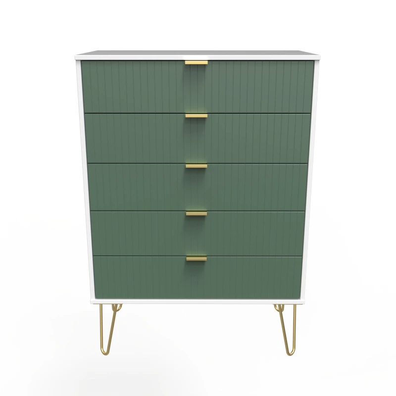 Image of Linear Ready Assembled Matt Green & White 5 Drawer Wide Chest (H)1075mm (W)765mm (D)415mm