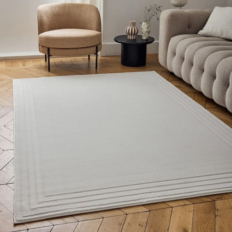 Image of THE RUGS Carmel Modern Area Rugs & Runners Bordered Design Soft Pile in Cream Size: 80cm x 150cm Cream Unisex 80cm x 150 cm