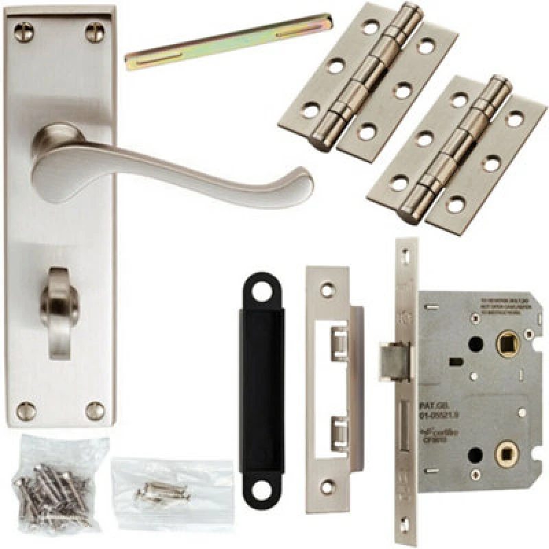 Image of Loops Door Handle & Bathroom Lock Pack Satin Chrome Victorian Scroll Lever Backplate Multi