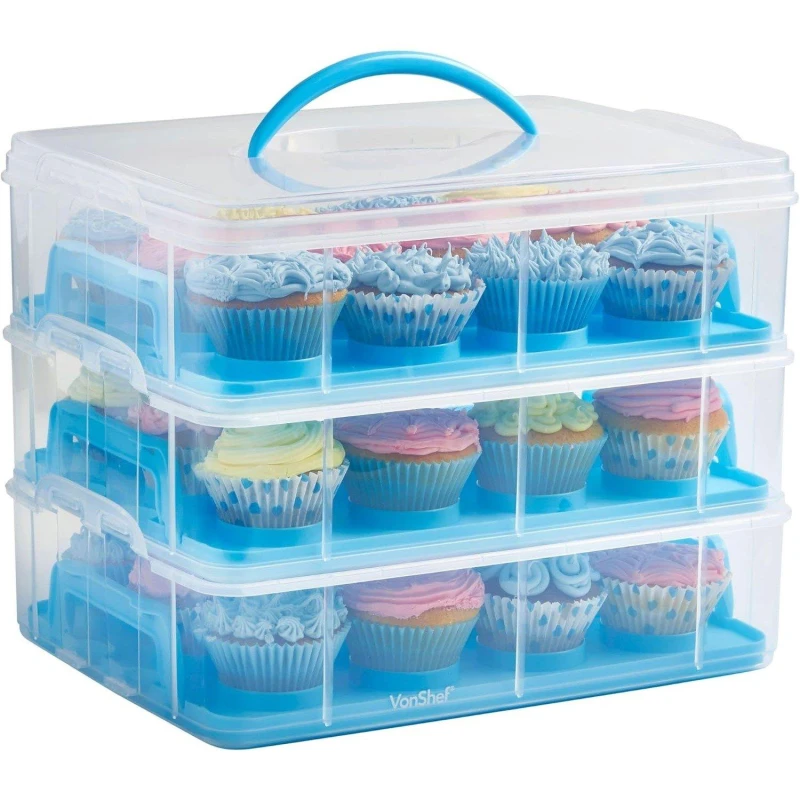 Image of VonShef Three Tier with Handles Muffin Cupcake Carrier Blue