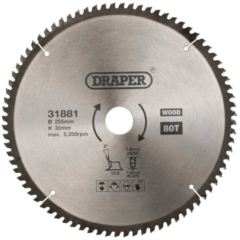 Image of 31881 TCT Triple Chip Grind Circular Saw Blade 255 x 30mm 80T - Draper