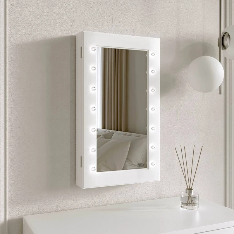 Image of CARME HOME Katie White LED Mirrored Jewellery Cabinet White Unisex