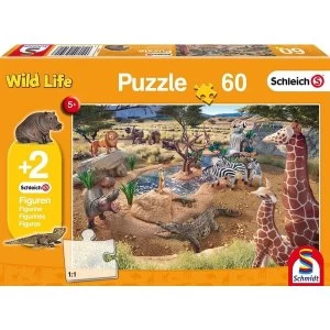 Image of Schleich: At the Watering Hole 60 Piece Jigsaw Puzzle With Two Figures